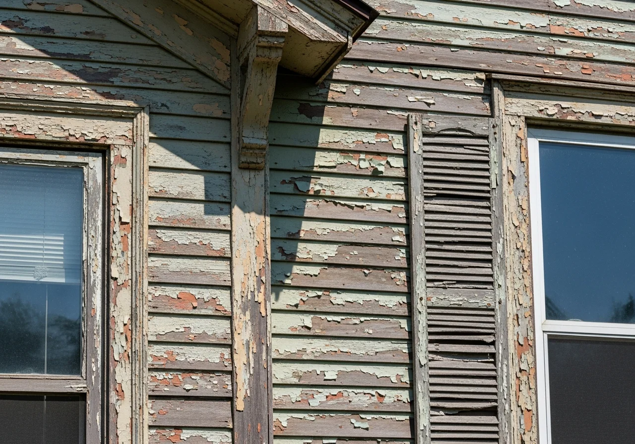 Dated home exterior before AI house painter — faded beige siding, worn trim