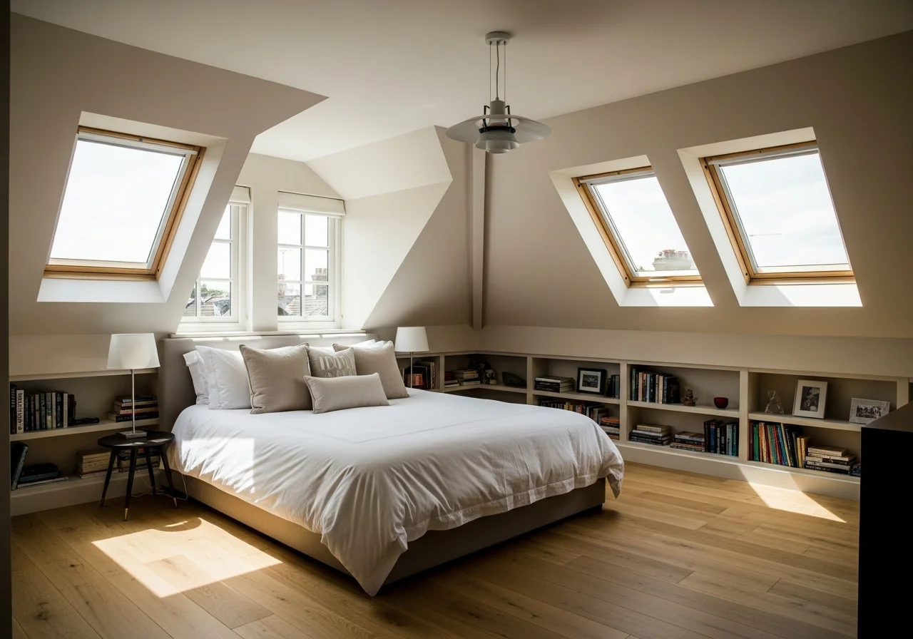 Modern attic after remodel — Velux skylights, hardwood floors, built-in shelving, cozy bedroom suite