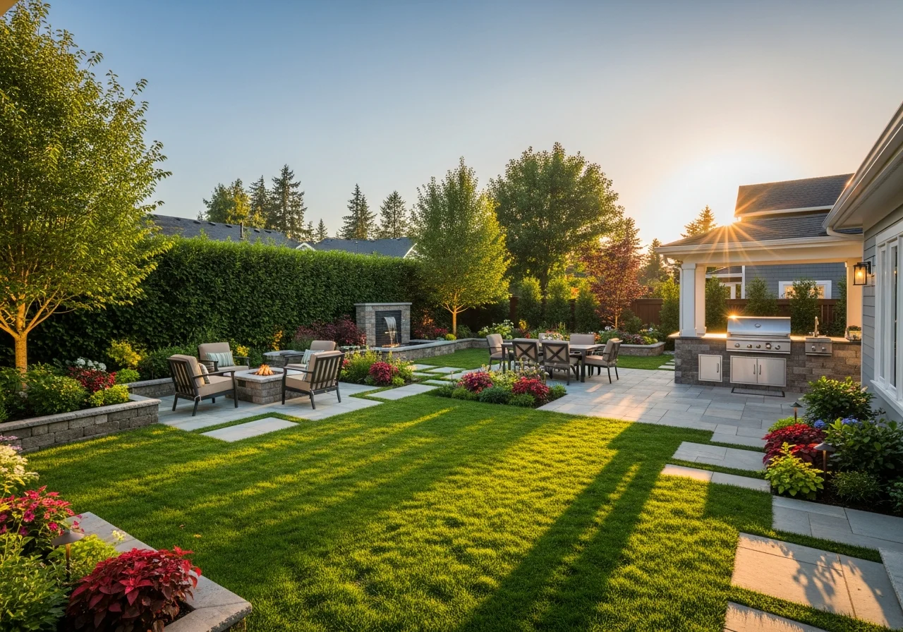 Modern backyard after remodel — Trex composite deck, Belgard pavers, outdoor kitchen with Weber grill