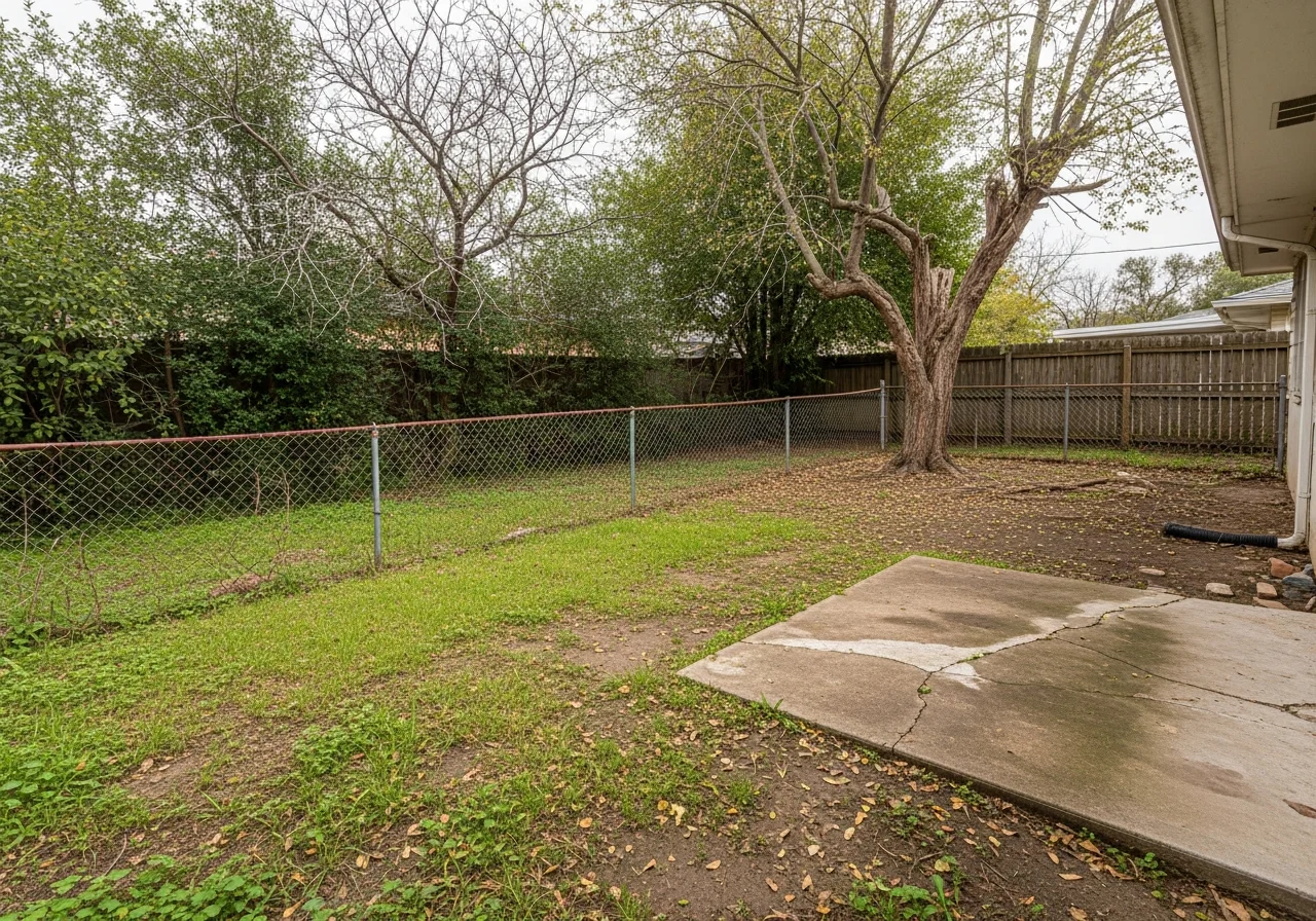 Dated backyard before remodel — overgrown lawn, cracked patio, no landscaping