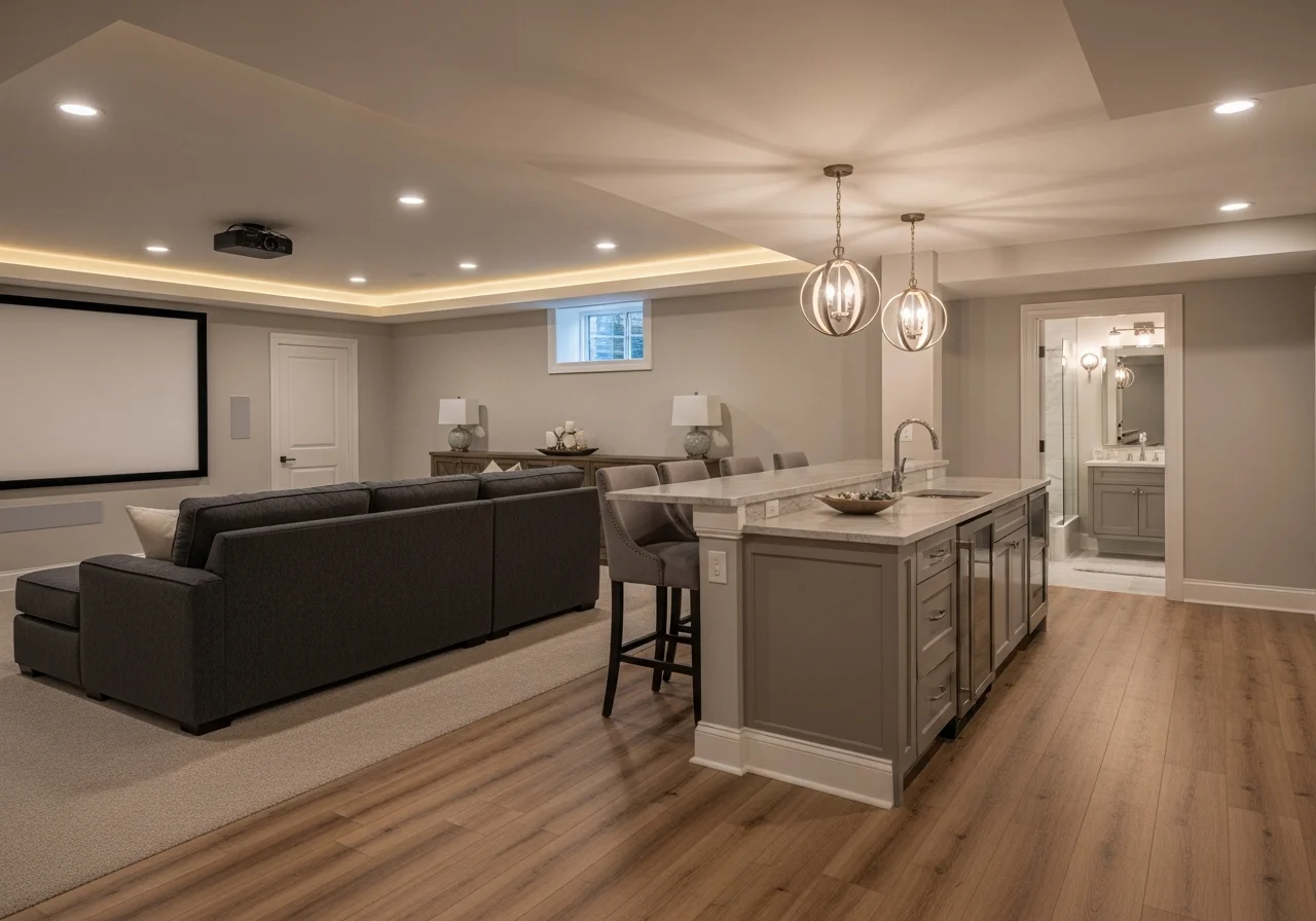 Modern finished basement after remodel — Owens Corning wall panels, LVP flooring, recessed lighting