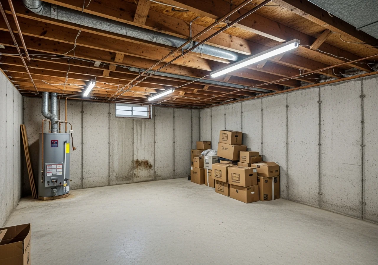 Unfinished basement before remodel — concrete walls, exposed joists, utility clutter