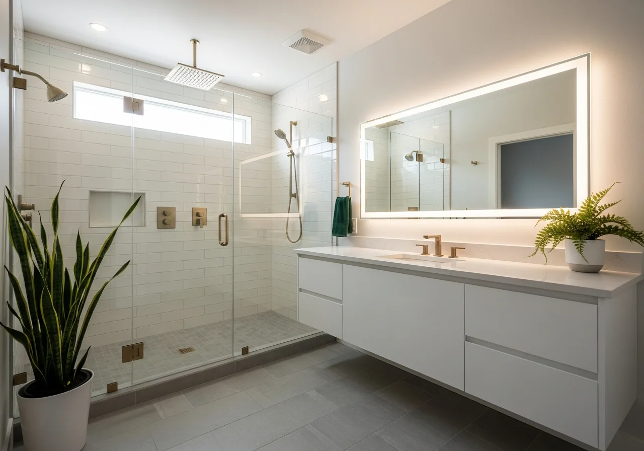 Modern bathroom after remodel — floating vanity, frameless glass shower, brushed gold Kohler fixtures