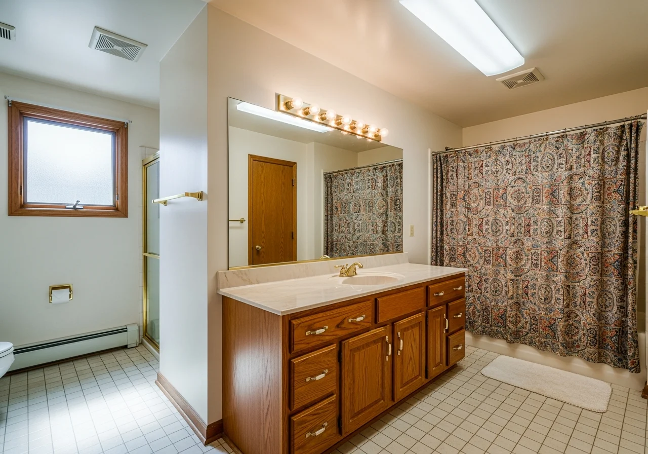 Dated bathroom before remodel — oak vanity, brass fixtures, beige tile