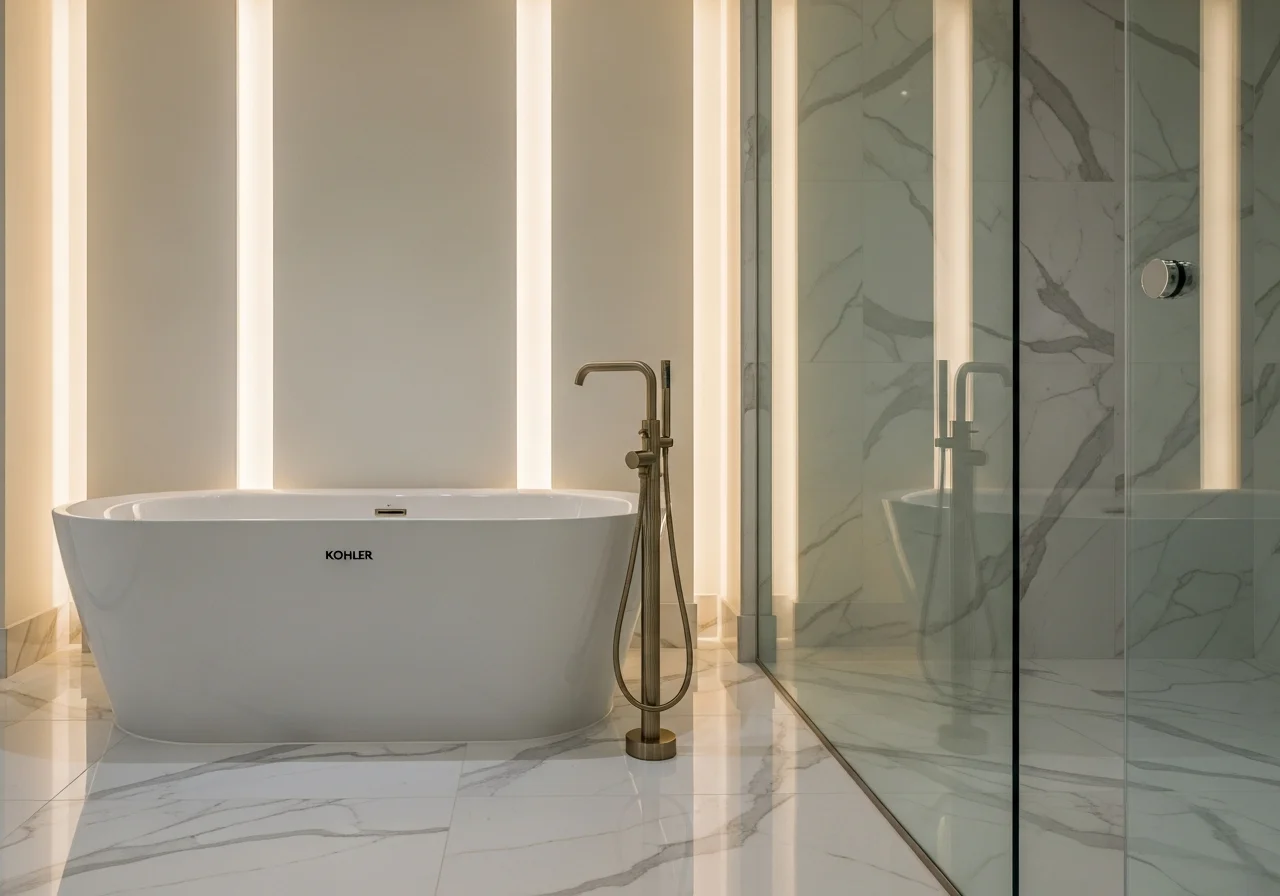 Modern bathtub after remodel — freestanding soaking tub, brushed gold Kohler fixtures, marble surround