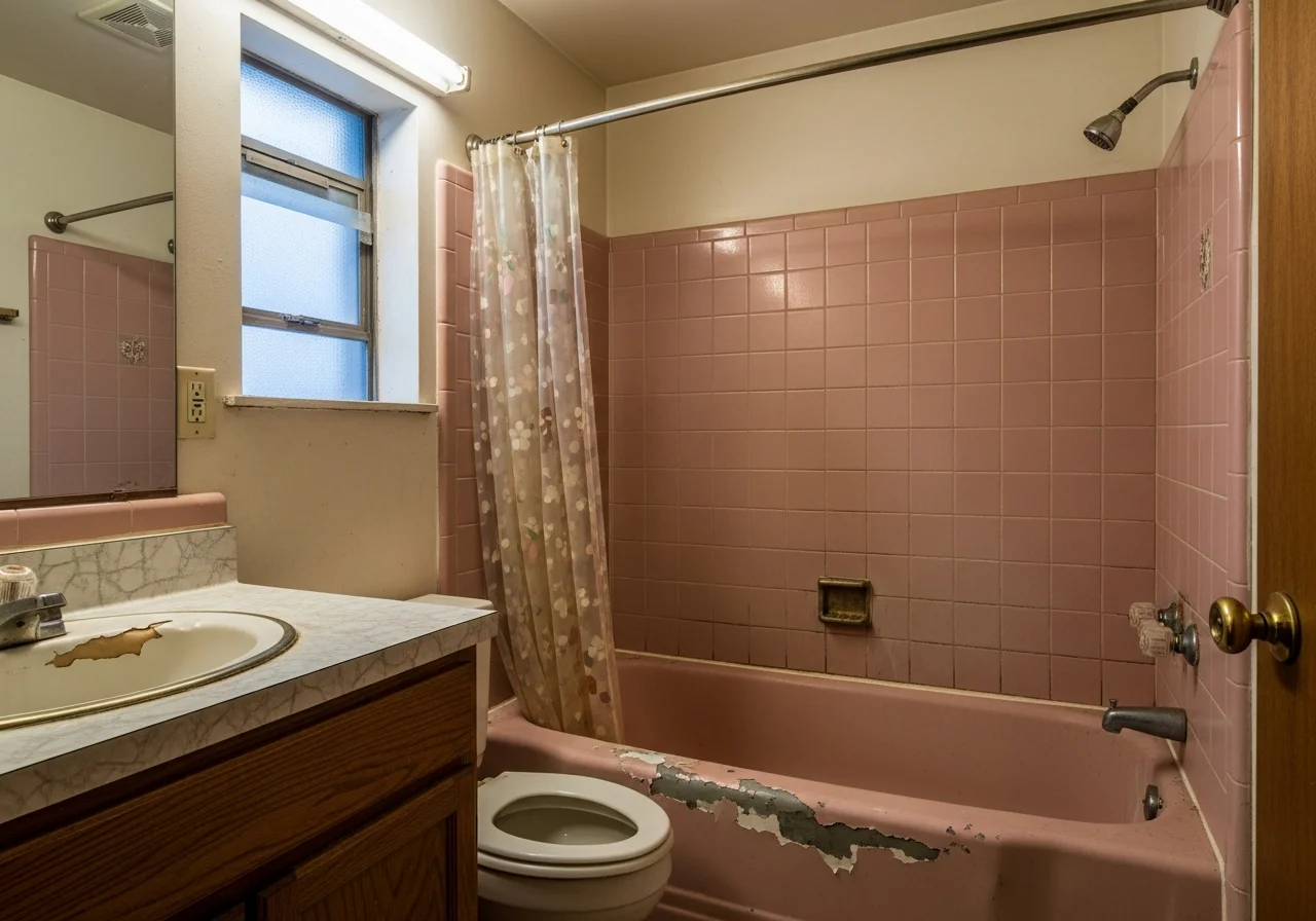 Dated bathtub before remodel — worn alcove tub, brass fixtures, beige tile surround
