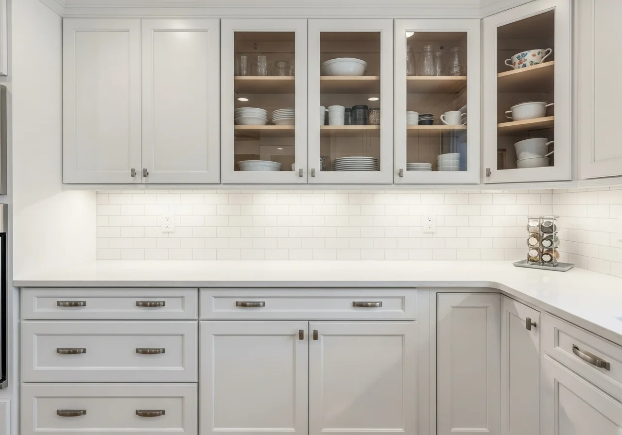 Modern kitchen cabinets after remodel — white shaker doors, brushed gold KraftMaid hardware, quartz countertops