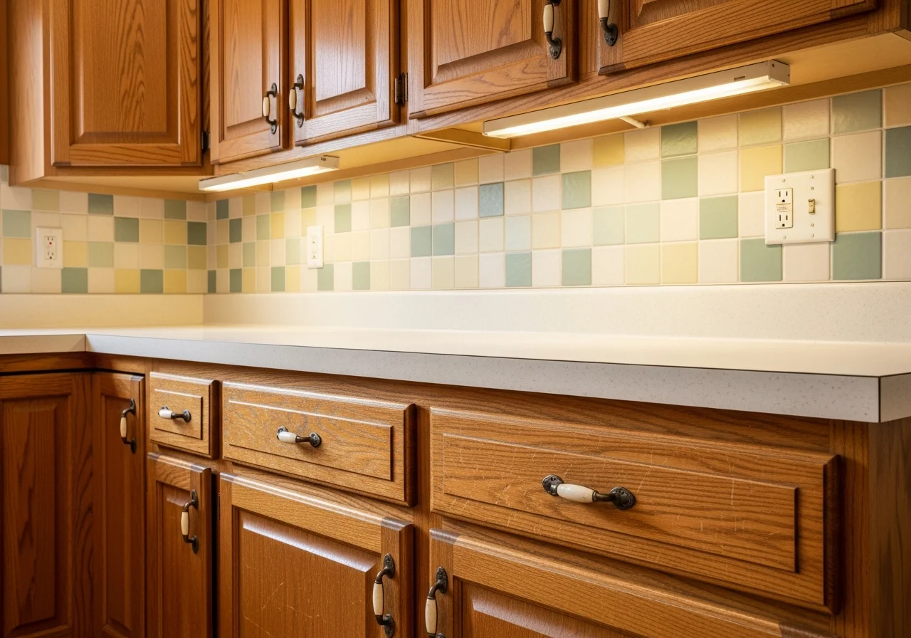Dated kitchen cabinets before remodel — oak doors, brass hardware, laminate countertops