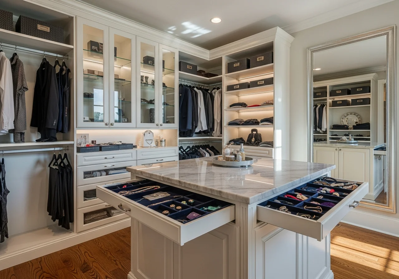 Modern closet after remodel — custom California Closets shelving, LED lighting, organized drawers