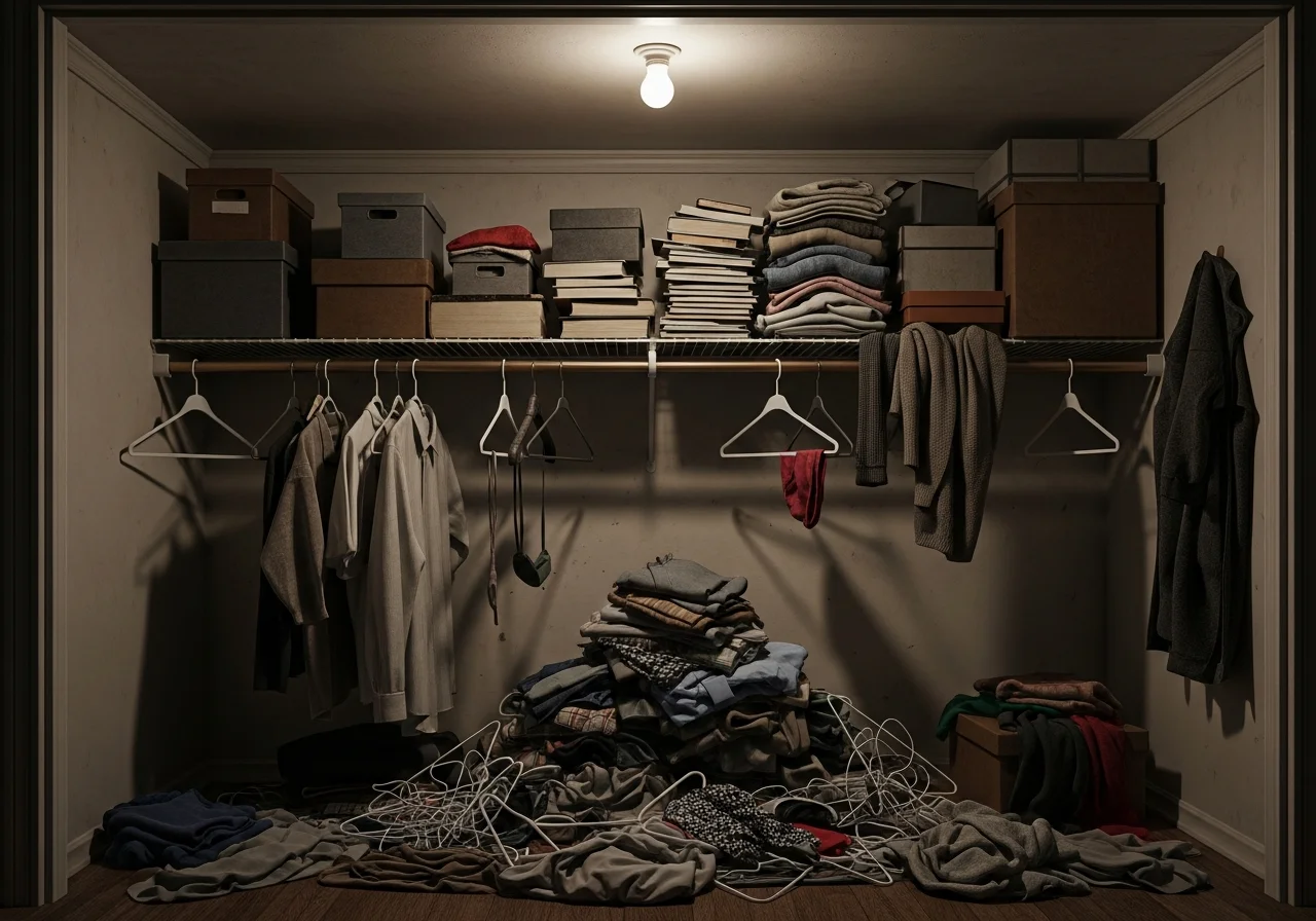 Dated closet before remodel — single rod, wire shelf, cluttered storage