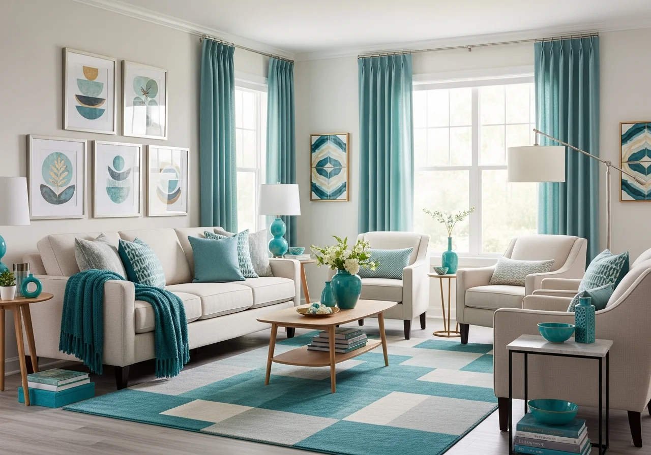 Same room transformed with cohesive teal and cream color palette generated by AI