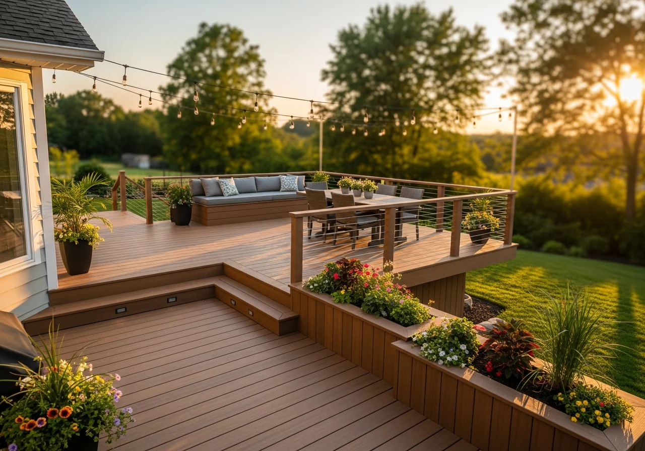 Modern deck after remodel — Trex composite boards, cable railings, integrated LED lighting