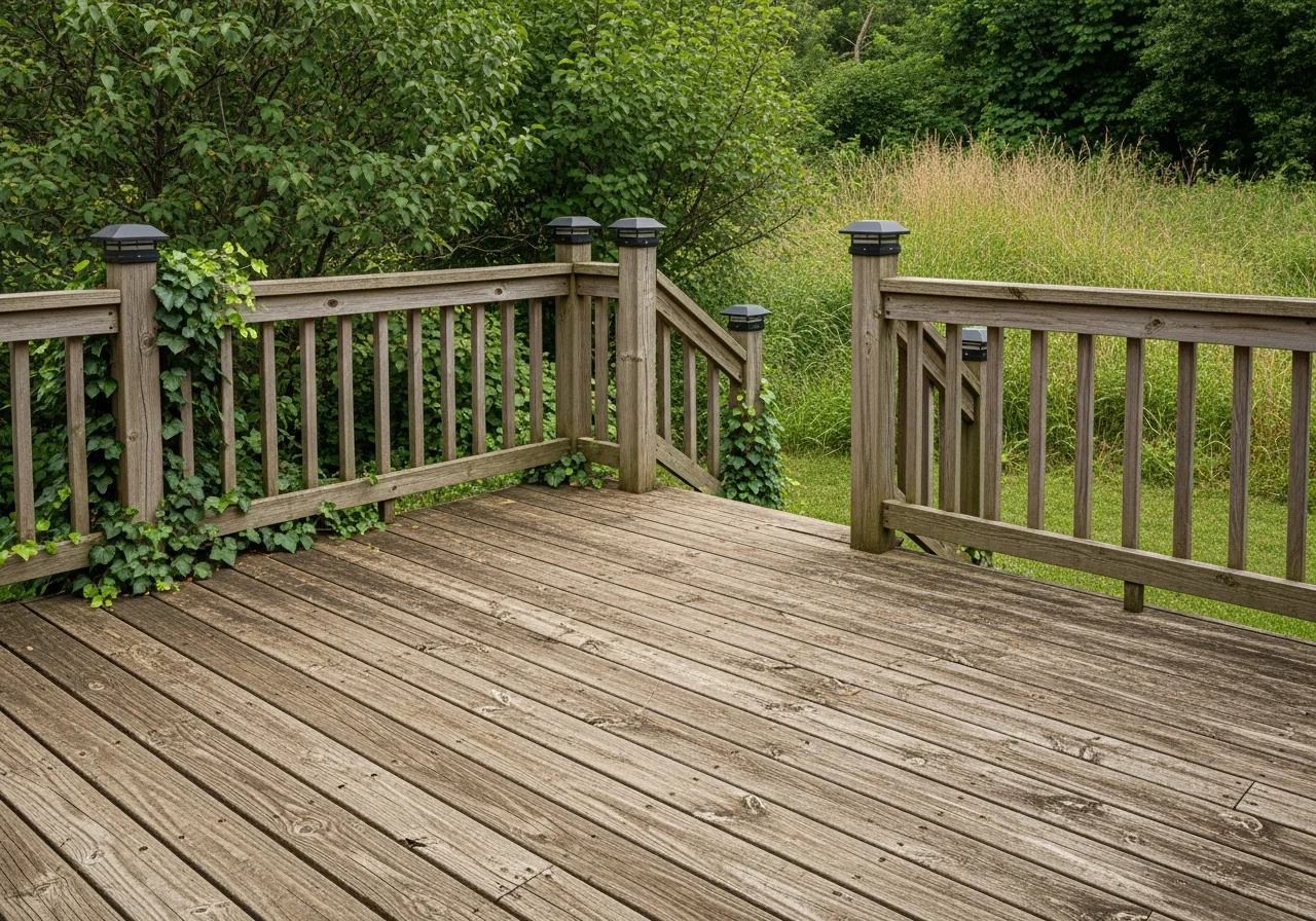 Dated weathered wood deck before remodel — splintering boards, rusty nails, faded stain