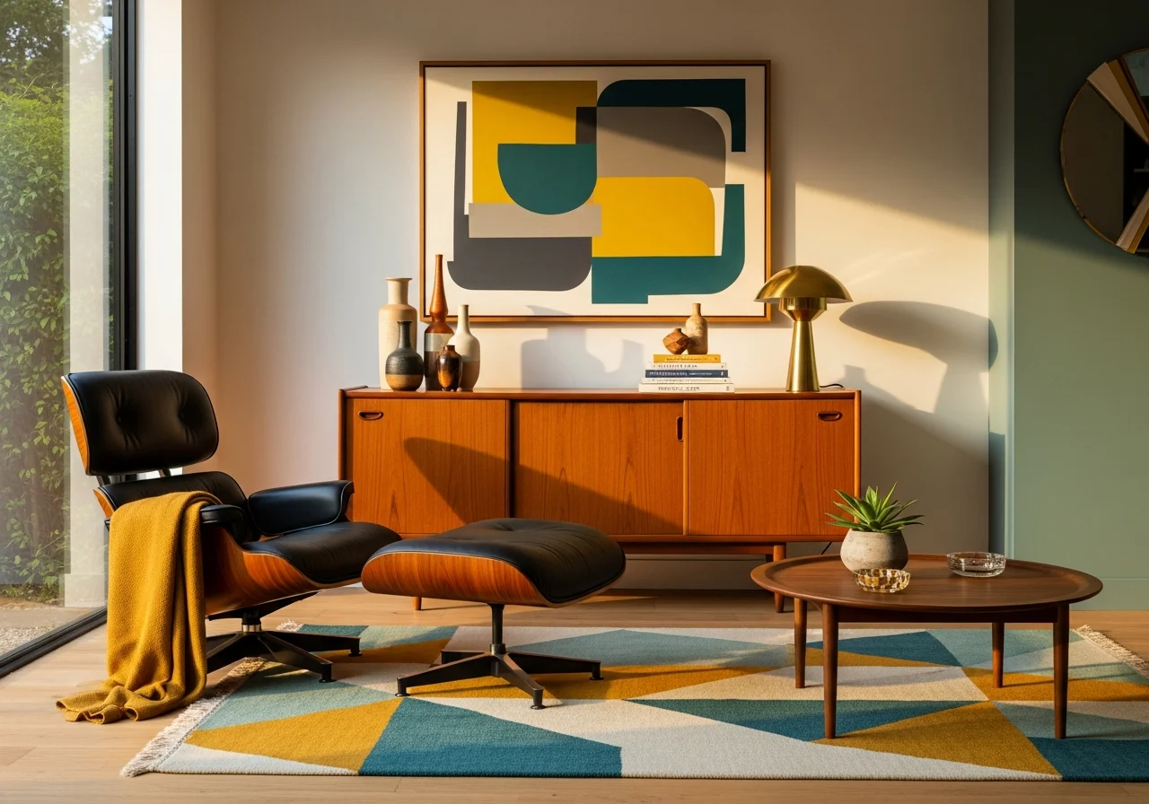 Stylish living room after AI design transfer — mid-century modern aesthetic with bold colors and curated decor