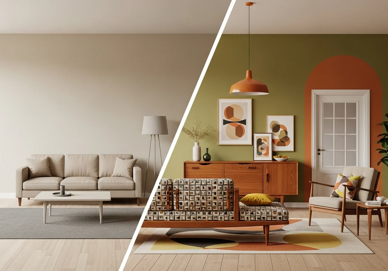 Plain living room before design transfer — neutral furniture, minimal decor