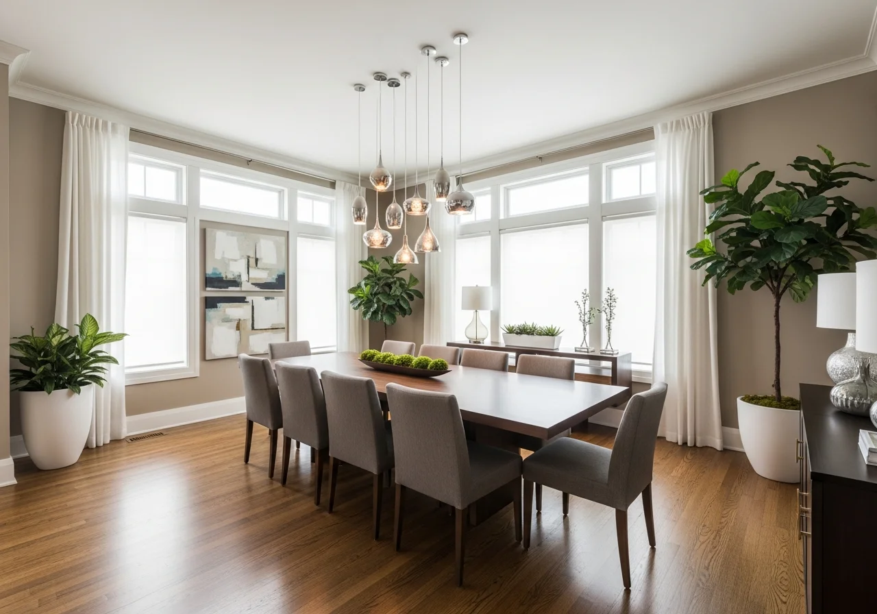 Modern dining room after remodel — Restoration Hardware oak table, Visual Comfort pendant, warm neutral walls