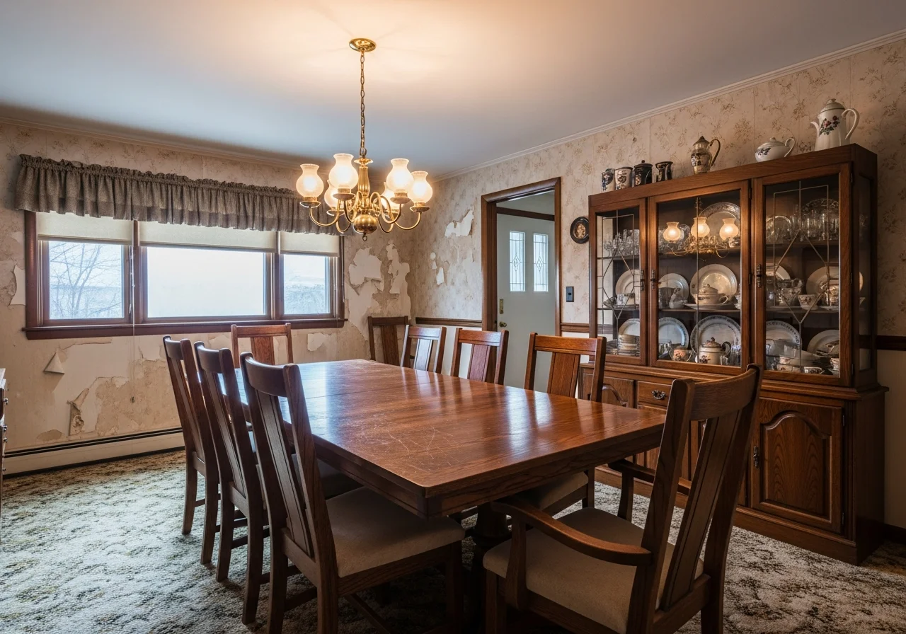 Dated dining room before remodel — dark wood furniture, brass chandelier, floral wallpaper