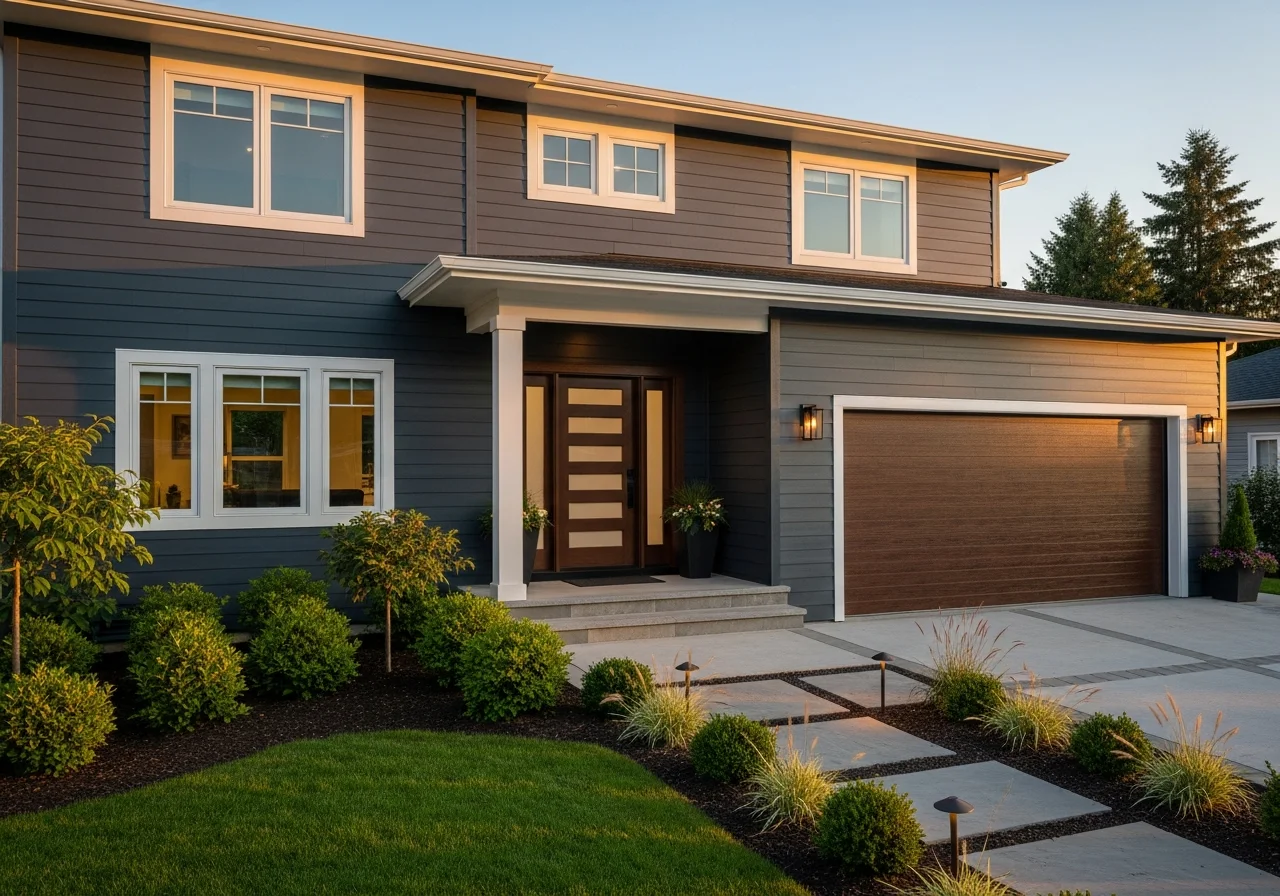 Modern exterior after remodel — James Hardie fiber cement siding, Andersen windows, Therma-Tru entry door