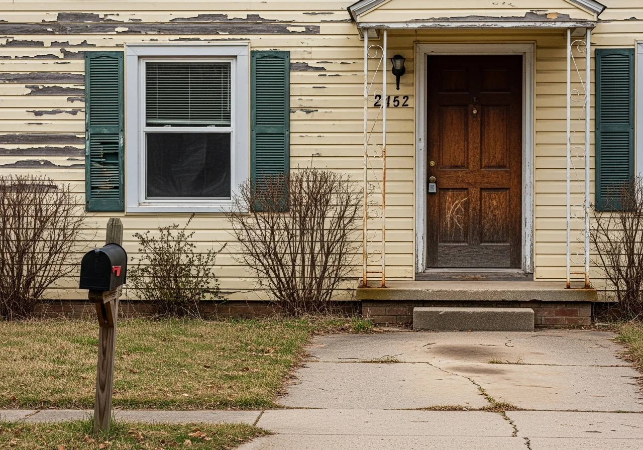Dated home exterior before remodel — worn siding, outdated windows, faded paint