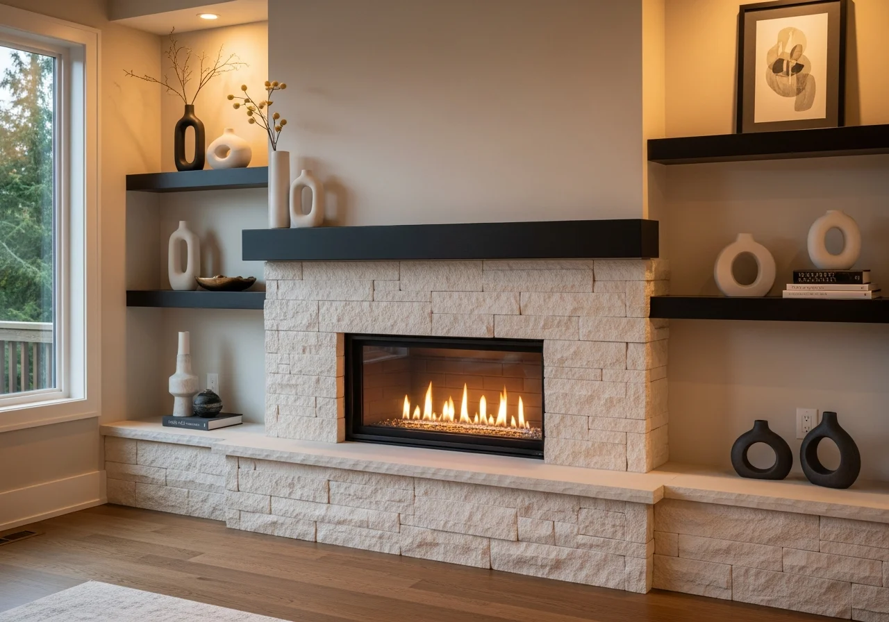 Modern fireplace after remodel — stacked stone veneer, floating wood mantel, Napoleon gas insert