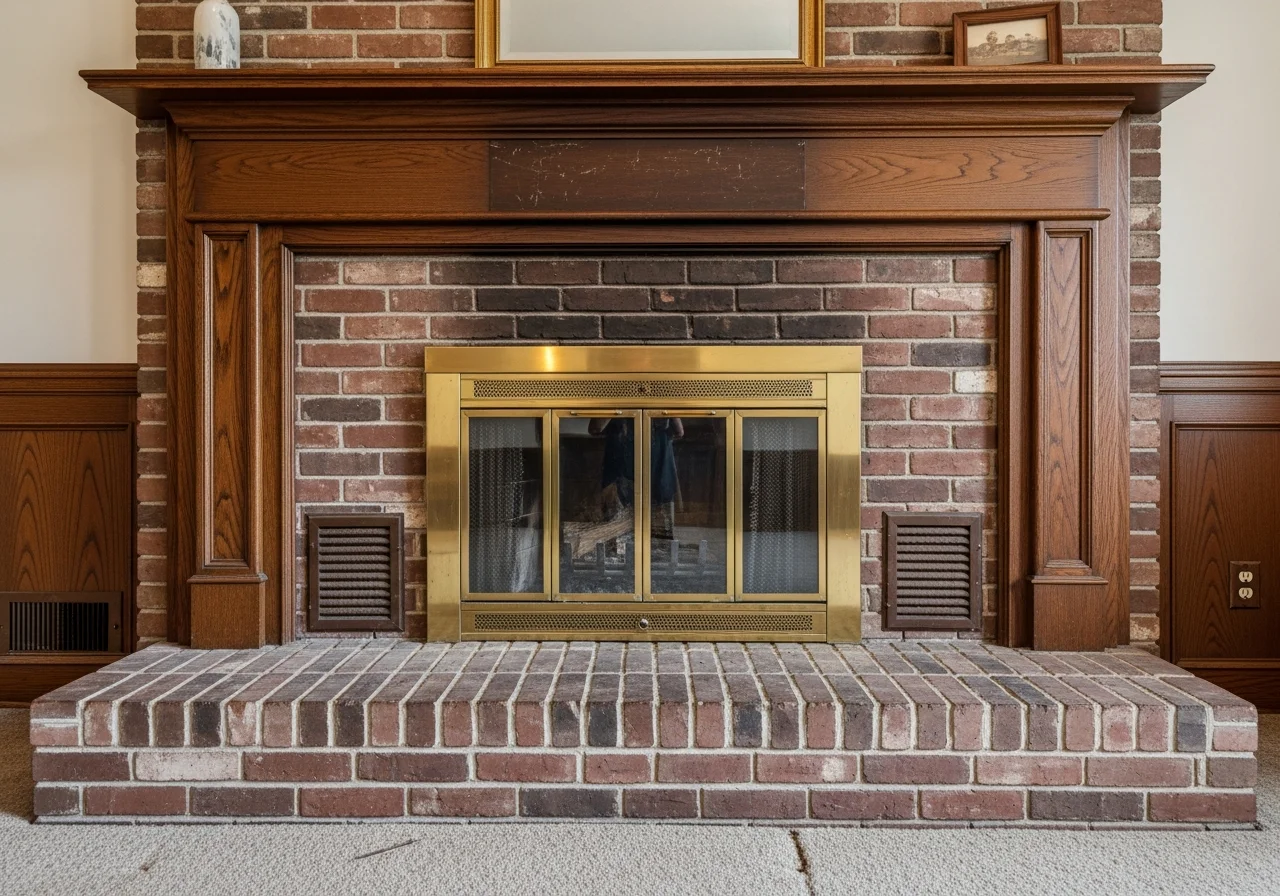 Dated fireplace before remodel — brass screen, beige brick, oak mantel