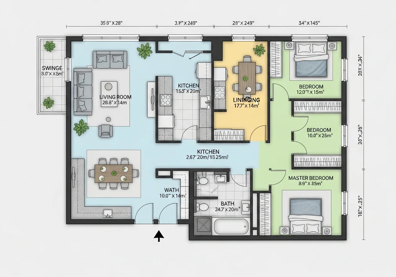 Professional floor plan after AI design — furnished layout with RoomSketcher-quality dimensions and furniture placement