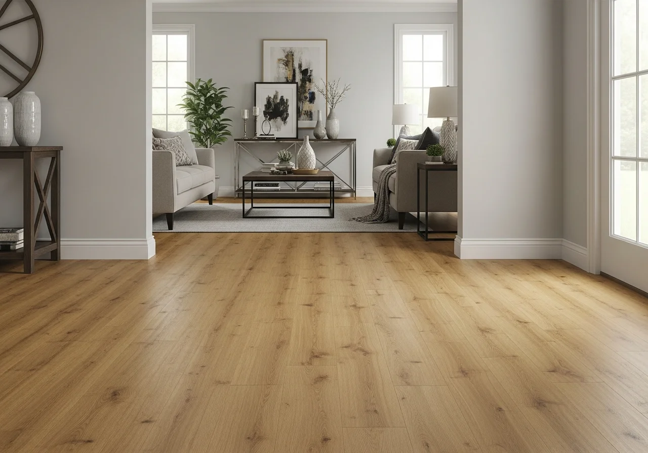 Modern room after flooring remodel — wide-plank Shaw Floors hardwood, clean lines, warm oak tones