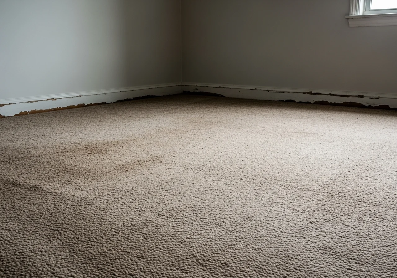 Dated room before flooring remodel — worn carpet, scuffed linoleum, outdated surface