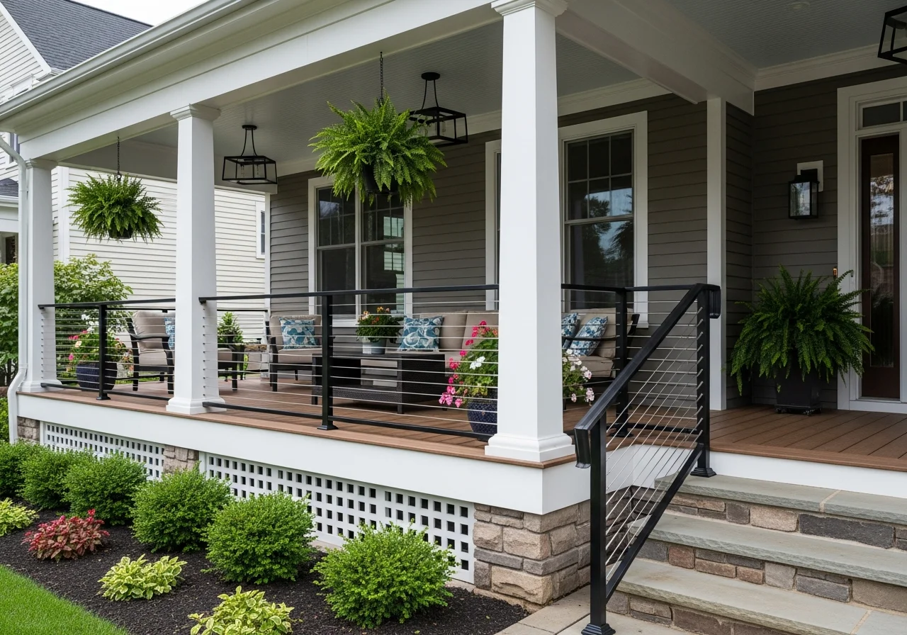 Modern front porch after remodel — Trex composite decking, HB&G columns, craftsman railings