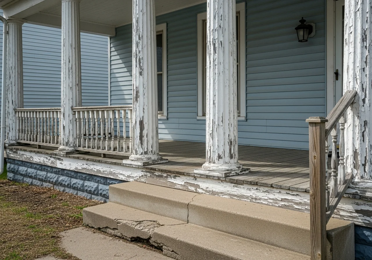 Dated front porch before remodel — peeling paint, worn railings, concrete stoop