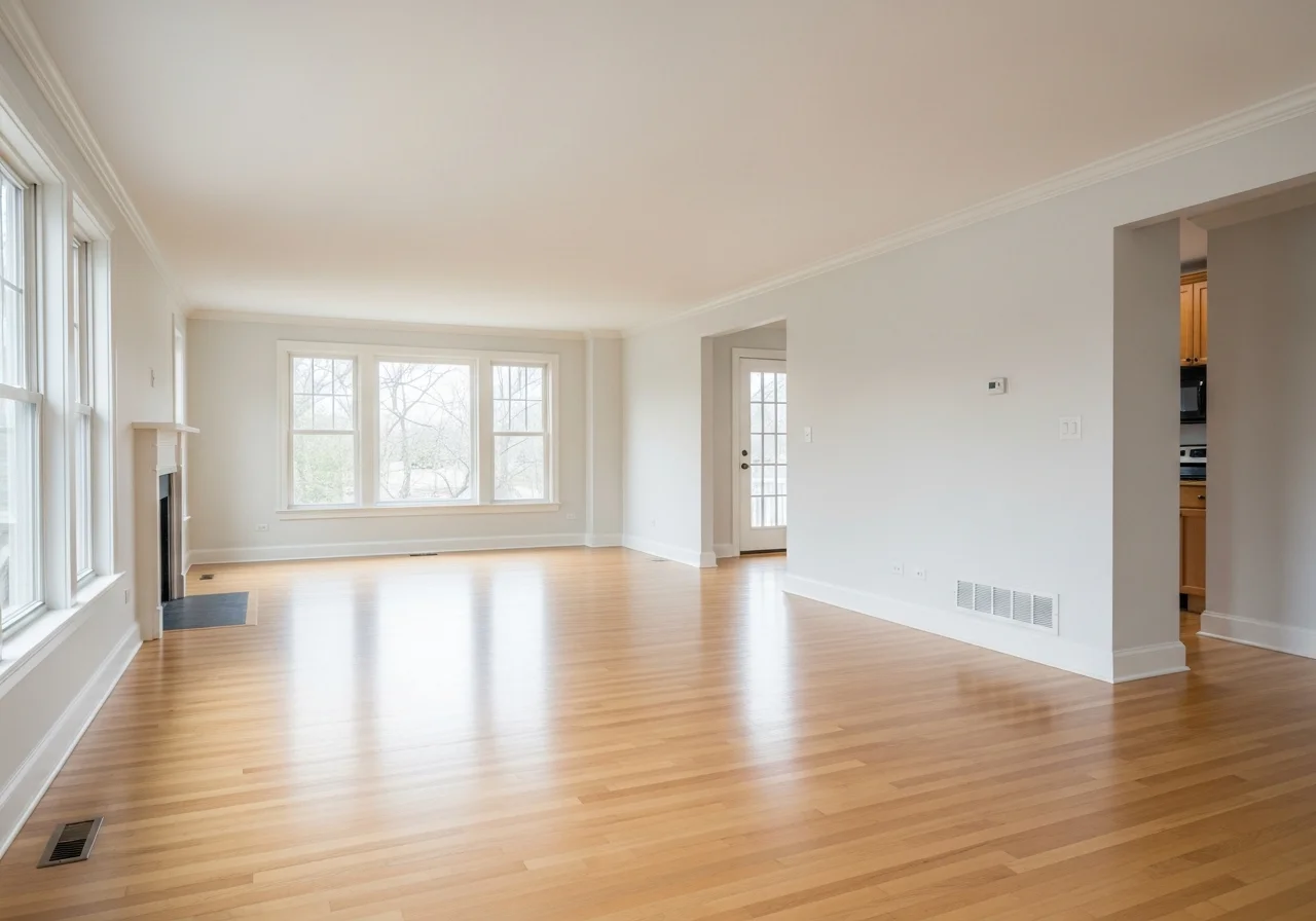 Clean empty living room after AI furniture removal — hardwood floors and architectural details revealed
