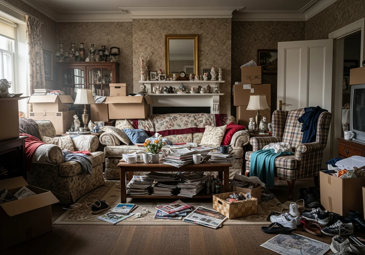 Cluttered living room with furniture, boxes, and personal items before AI removal