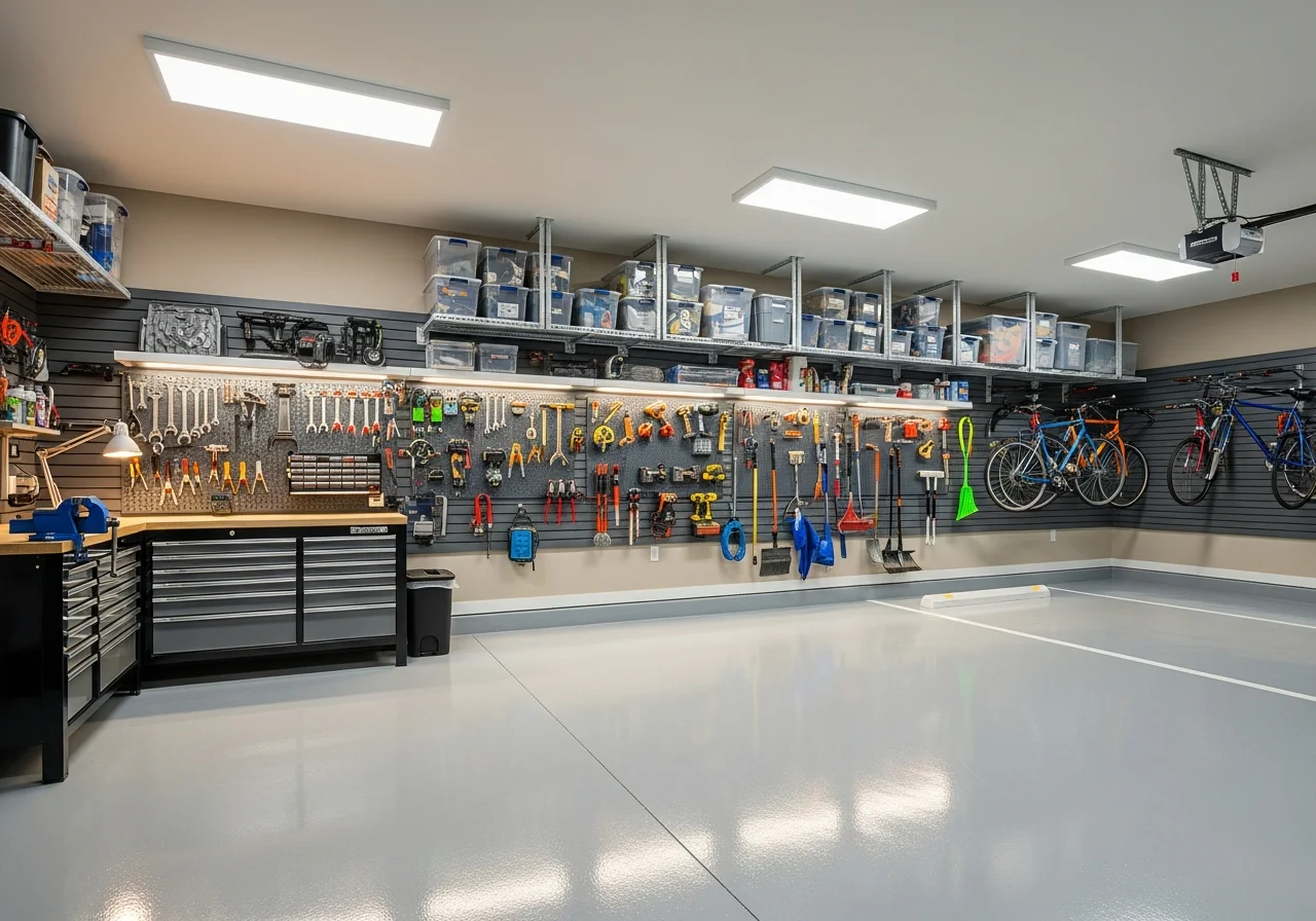 Modern garage after remodel — Rust-Oleum EpoxyShield floor, Gladiator GarageWorks cabinets, LED lighting
