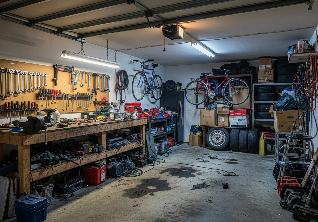 Dated garage before remodel — cluttered storage, cracked concrete floor, bare walls