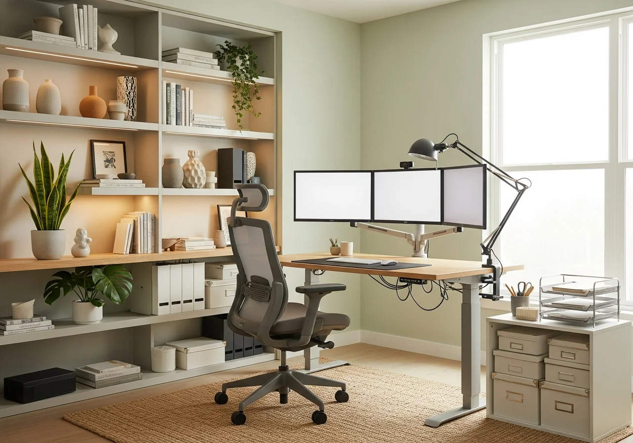 Modern home office after remodel — floating Uplift desk, Herman Miller chair, built-in shelving, natural light