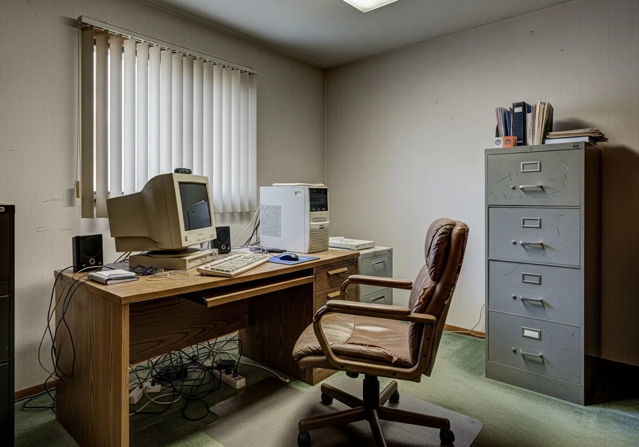 Dated home office before remodel — cluttered desk, poor lighting, mismatched furniture