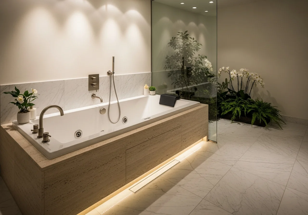 Modern spa bathroom after jacuzzi remodel — freestanding Kohler whirlpool tub, frameless glass, brushed gold Delta fixtures