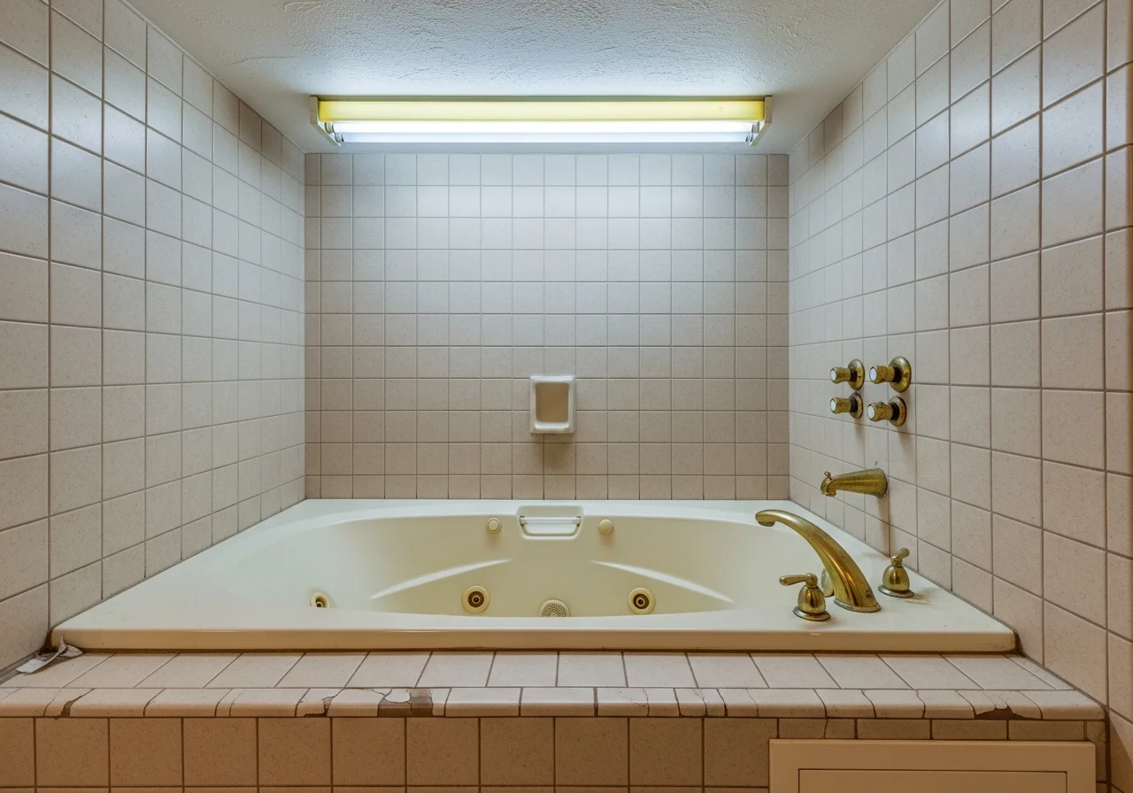 Dated bathroom before jacuzzi remodel — standard tub, brass fixtures, beige tile