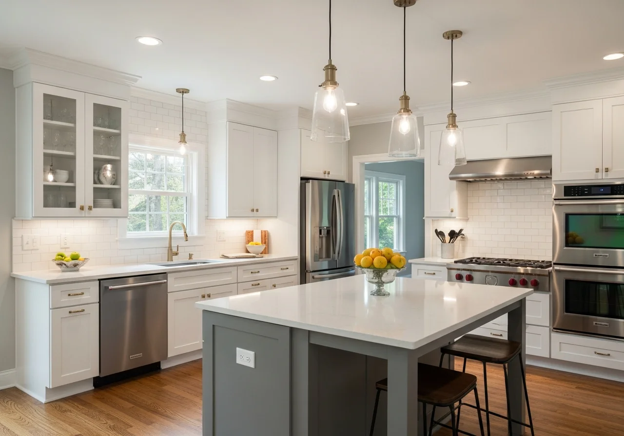 Modern kitchen after remodel — white Shaker cabinets, Caesarstone quartz island, stainless Sub-Zero appliances