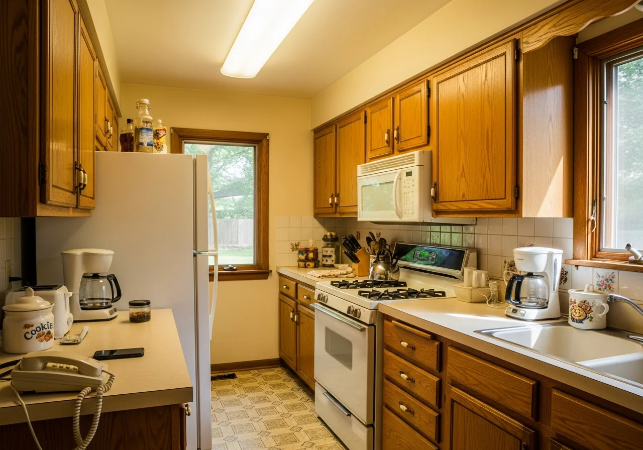 Dated 1990s kitchen before remodel — oak cabinets, brass fixtures, laminate countertops