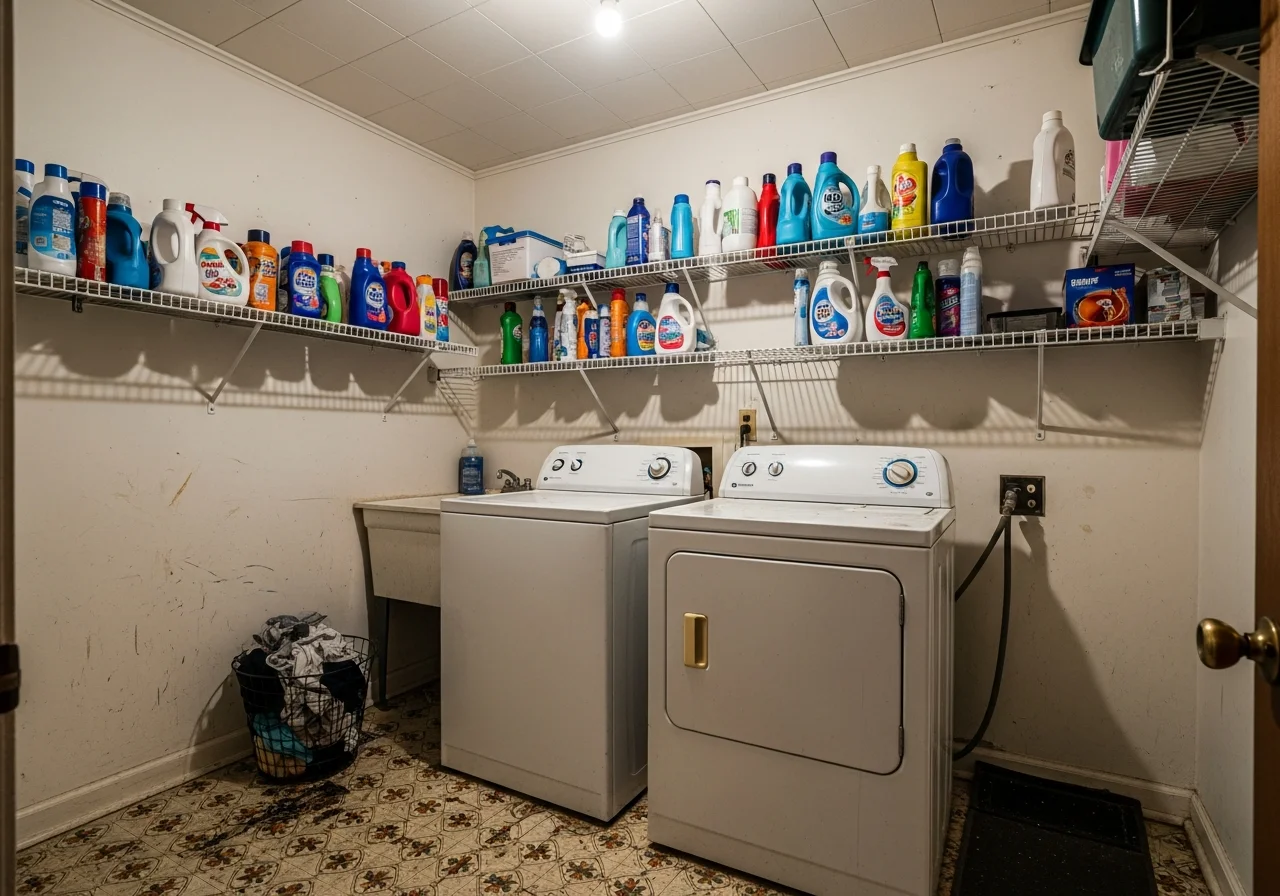 Dated laundry room before remodel — wire shelving, old top-loader, bare walls
