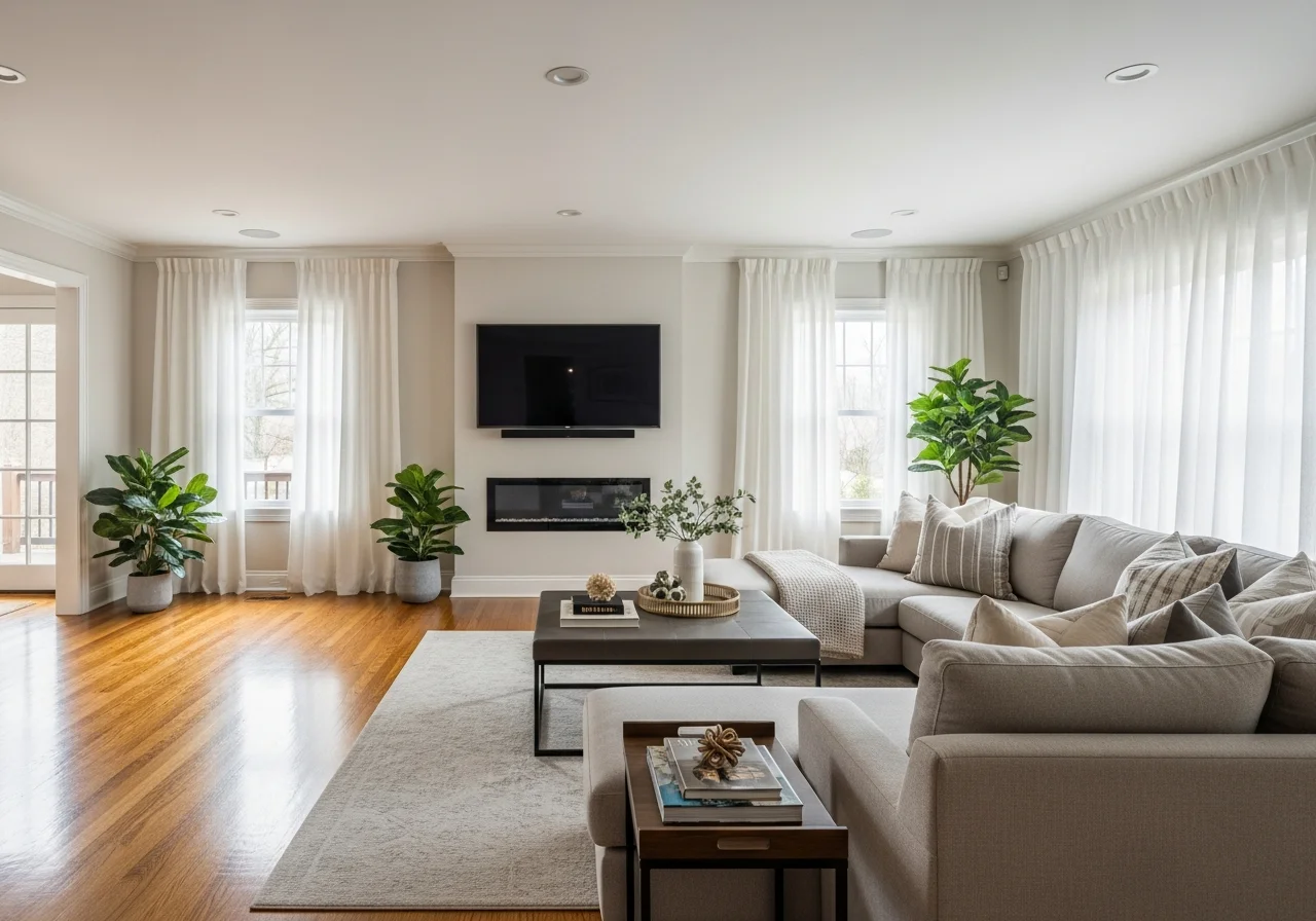 Modern living room after remodel — West Elm sectional, hardwood floors, open concept layout