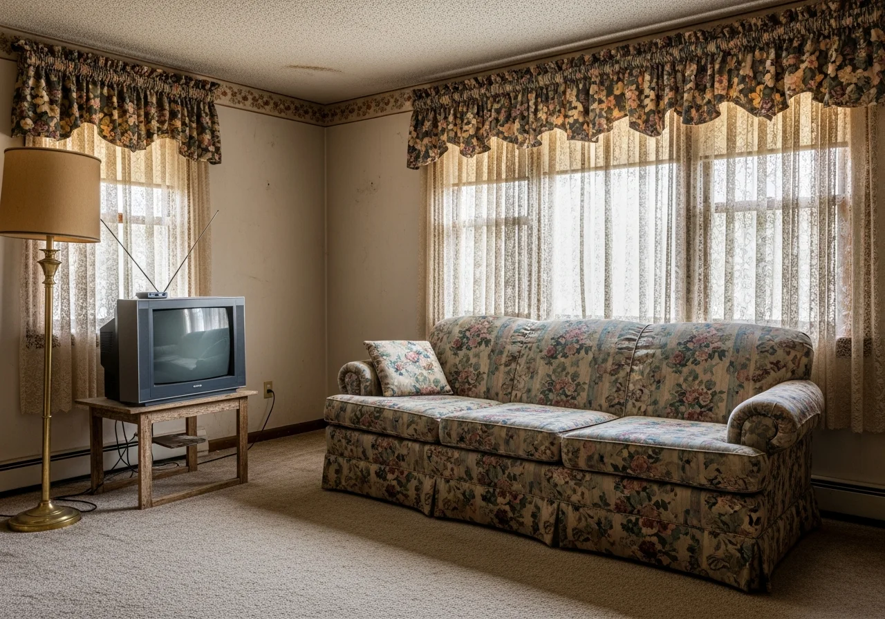 Dated living room before remodel — dark paneling, old carpet, outdated furniture