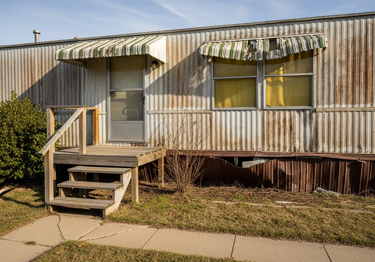 Dated mobile home interior before remodel — wood paneling, old carpet, brass fixtures