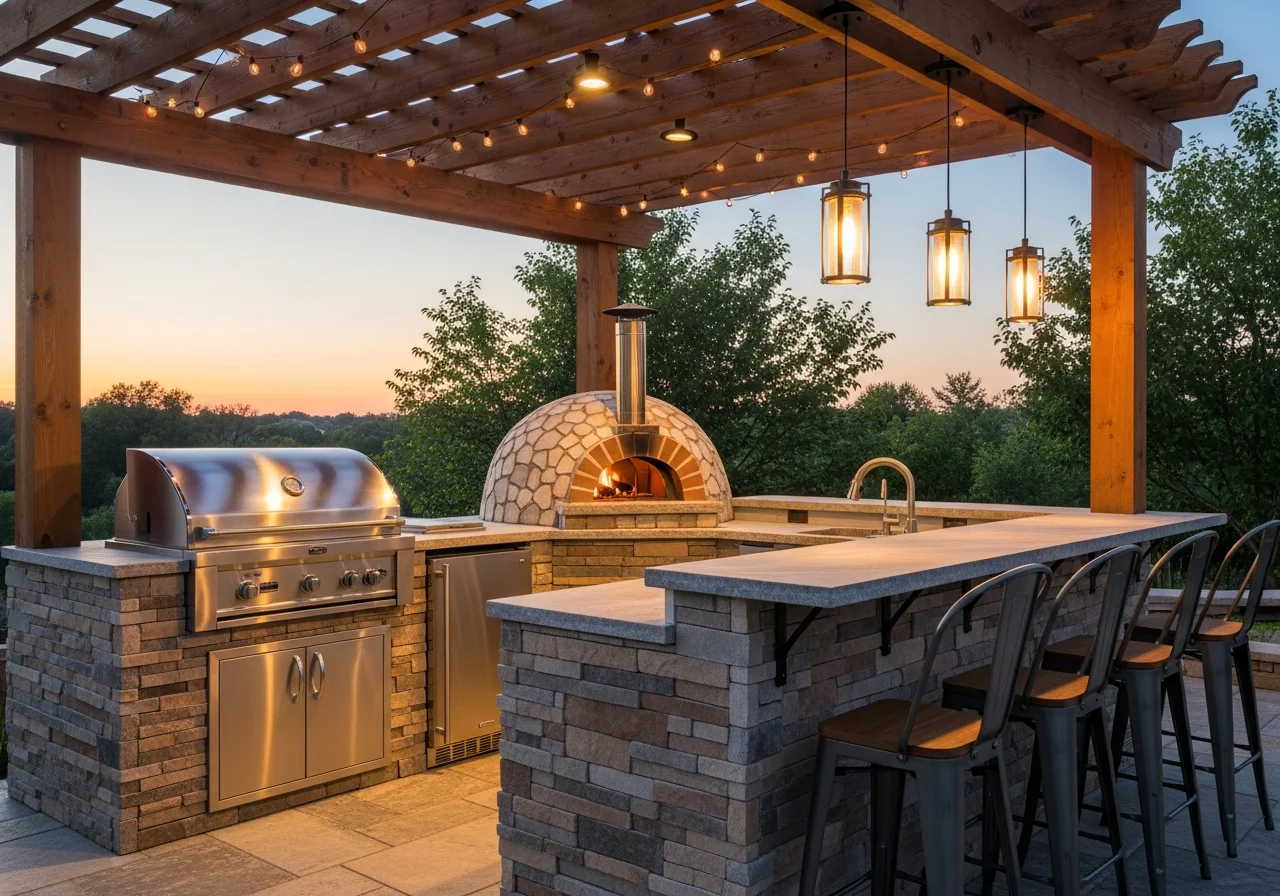 Modern outdoor kitchen after remodel — built-in Weber grill, granite counters, stainless steel Coyote appliances