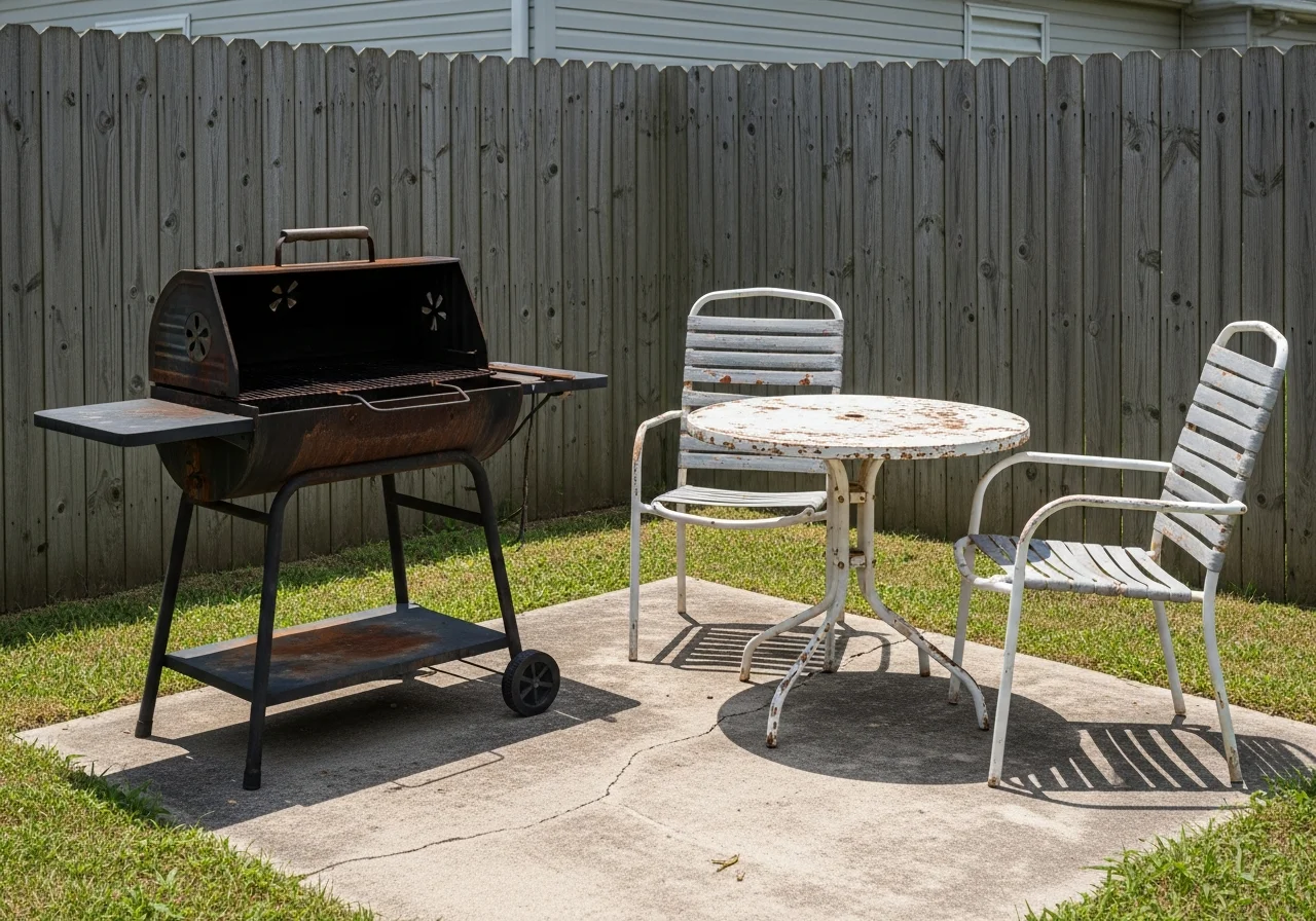Dated backyard patio before outdoor kitchen remodel — plain concrete, portable grill, no counter space