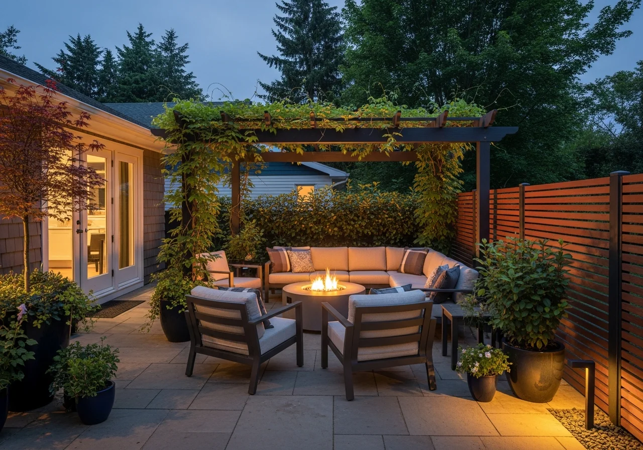 Modern patio after remodel — Belgard pavers, outdoor seating, string lighting, lush landscaping