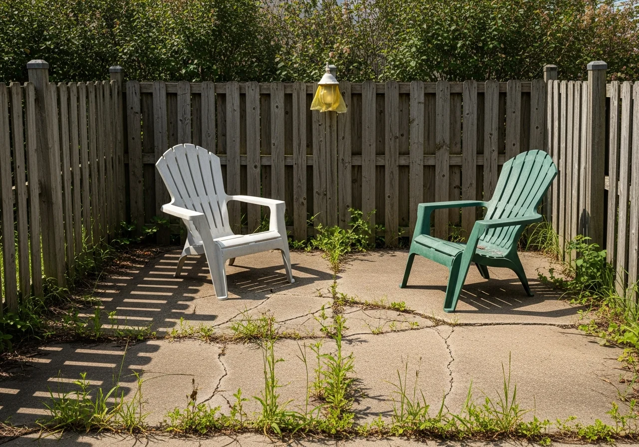 Dated patio before remodel — cracked concrete, no furniture, bare backyard