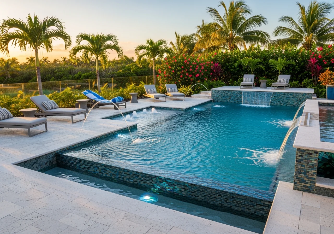 Modern pool after remodel — Pebble Technology PebbleSheen finish, travertine coping, Pentair LED lighting