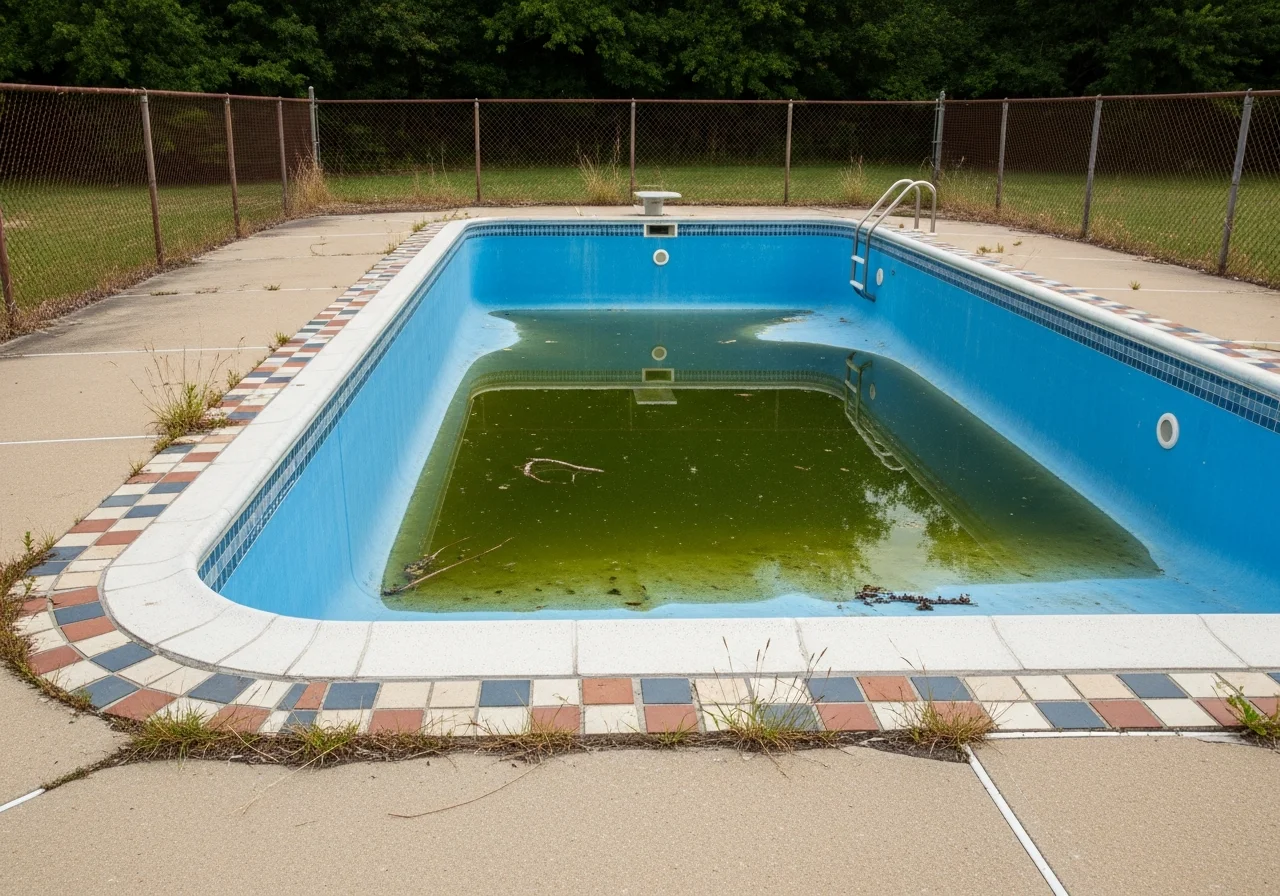 Dated swimming pool before remodel — faded plaster, cracked coping, stained deck